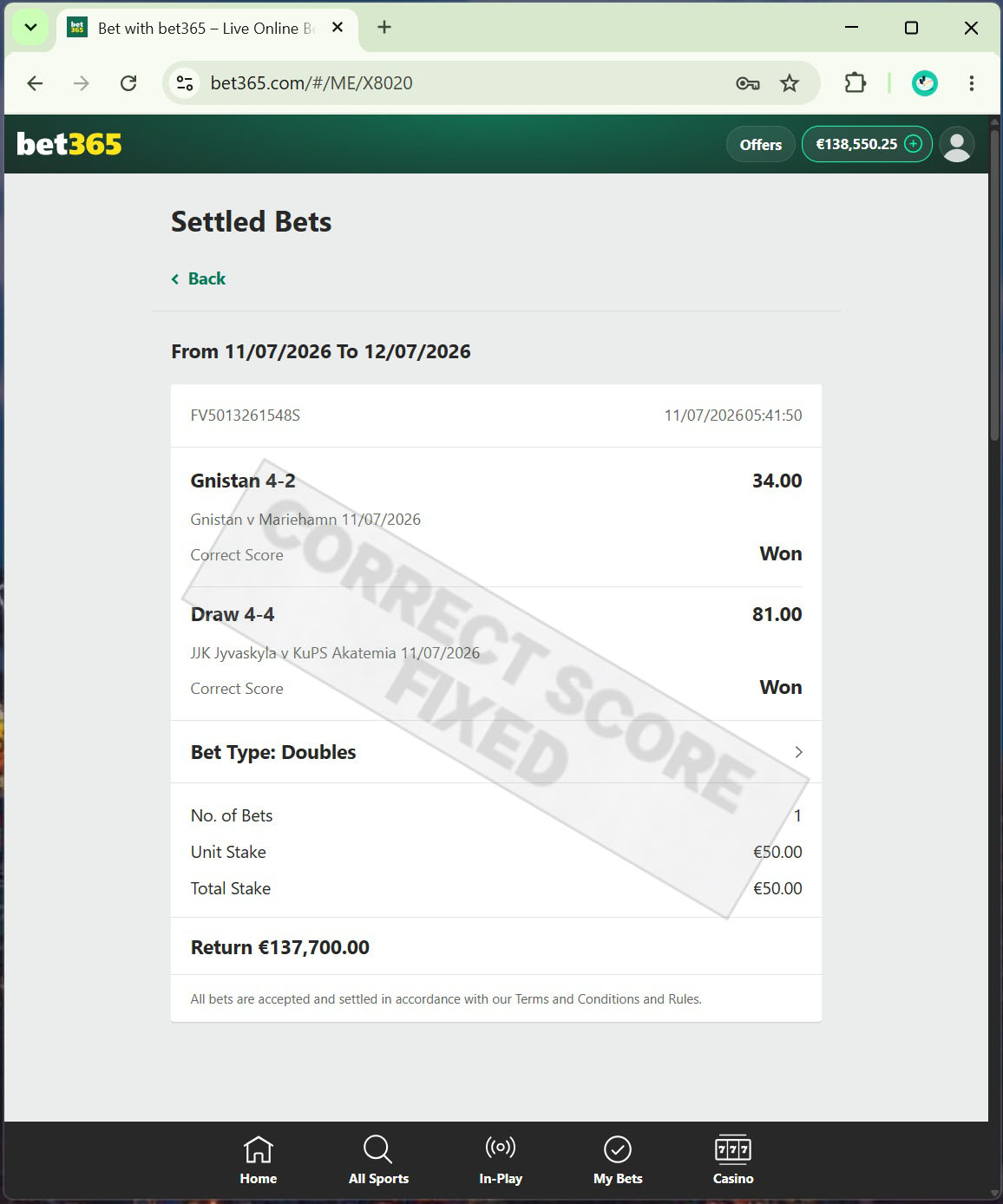 Correct Score Fixed Match